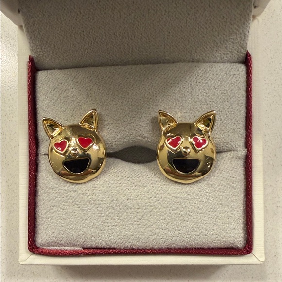Gold Cat Face Earrings with Red Heart Eyes - Picture 3 of 3